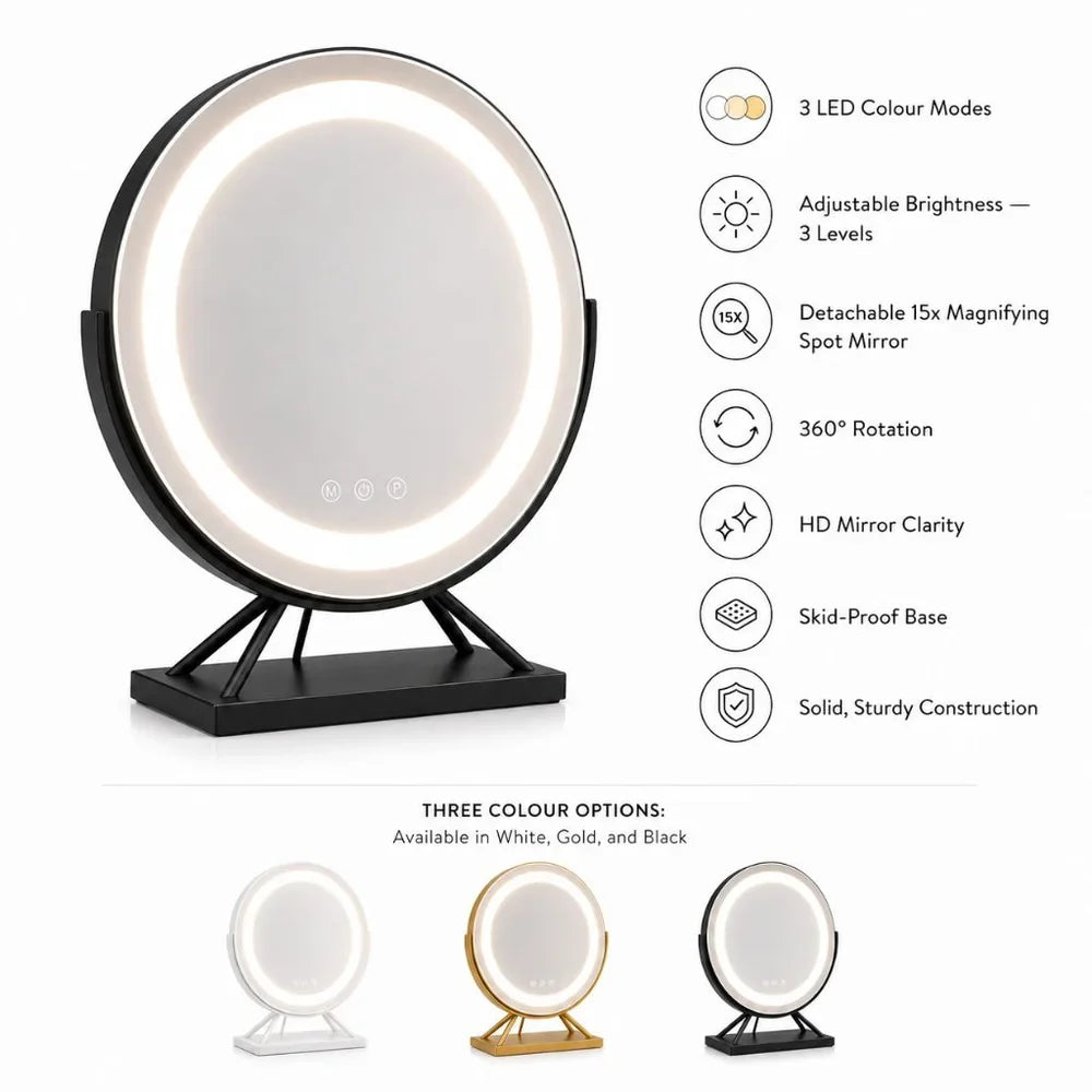 Beleuchteter Make-up-Spiegel mit dimmbarer LED, 15-facher Vergrößerung, 30 cm, rund, 3 Lichtmodi, um 360° drehbar, Tischmodell | Sansoti