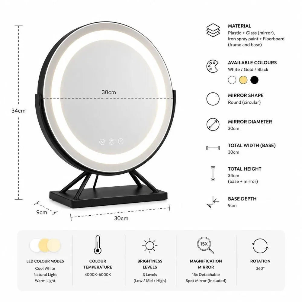 Beleuchteter Make-up-Spiegel mit dimmbarer LED, 15-facher Vergrößerung, 30 cm, rund, 3 Lichtmodi, um 360° drehbar, Tischmodell | Sansoti