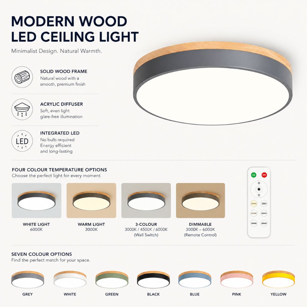 Runde Holz-Deckenleuchte mit LED-Beleuchtung, 30–50 cm, dimmbar, warmweißes Licht für Wohnzimmer, Schlafzimmer und Esszimmer | Sansoti