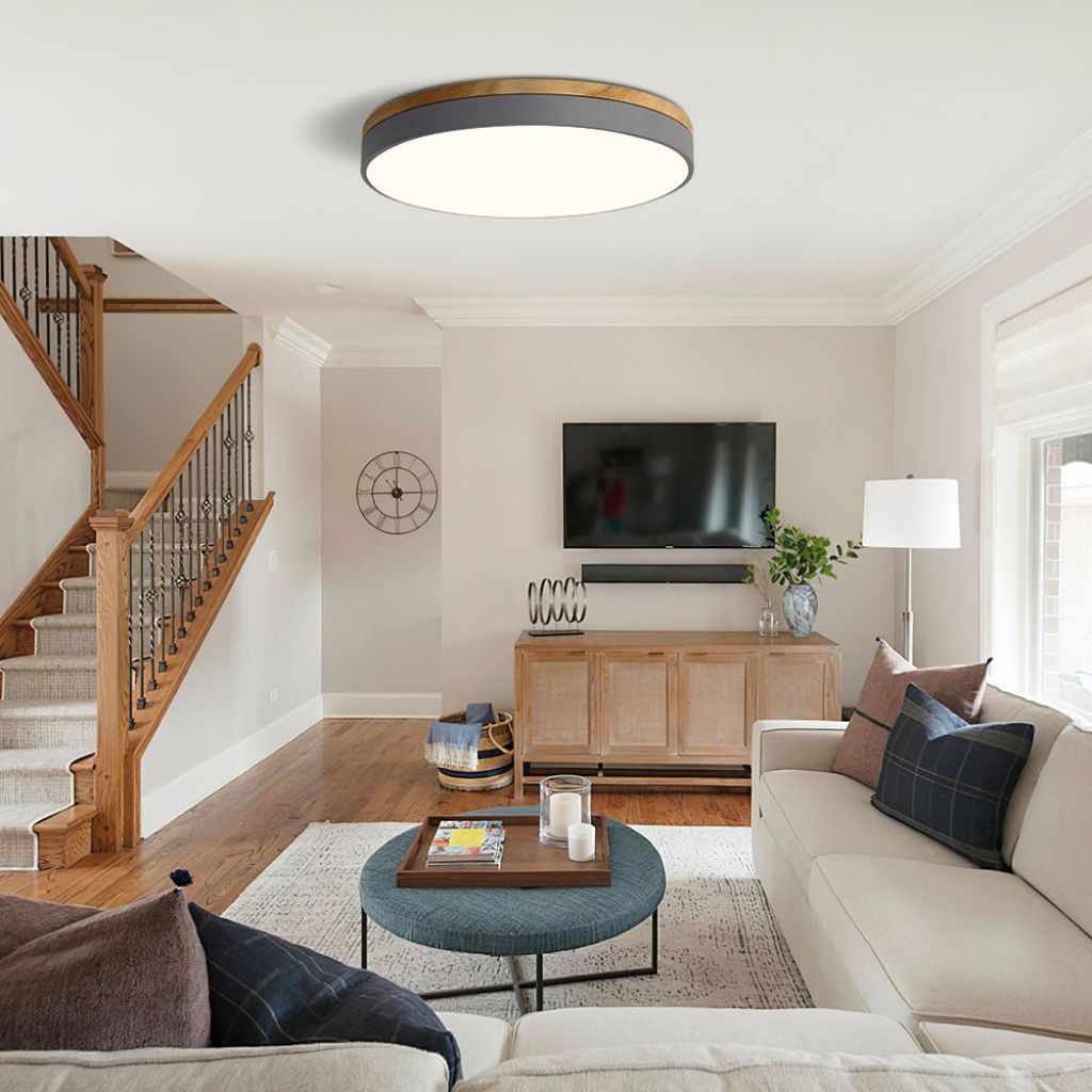 Runde Holz-Deckenleuchte mit LED-Beleuchtung, 30–50 cm, dimmbar, warmweißes Licht für Wohnzimmer, Schlafzimmer und Esszimmer | Sansoti