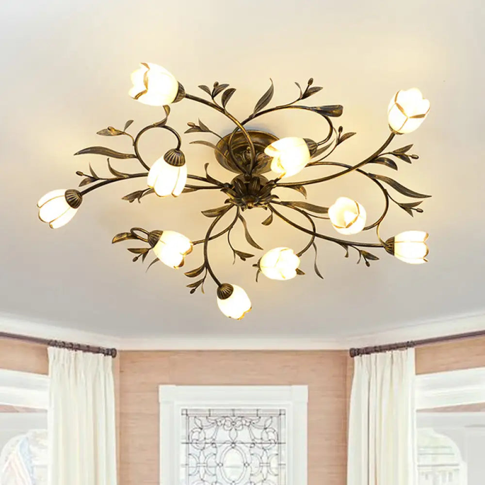Landelijke Kroonluchter Glas & Messing 4-12 Lichtpunten Bloemranken Plafondlamp Romantische Verlichting | Sansoti