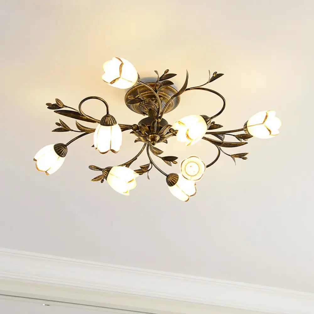 Landelijke Kroonluchter Glas & Messing 4-12 Lichtpunten Bloemranken Plafondlamp Romantische Verlichting | Sansoti