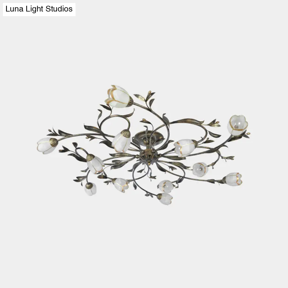 Landelijke Kroonluchter Glas & Messing 4-12 Lichtpunten Bloemranken Plafondlamp Romantische Verlichting | Sansoti