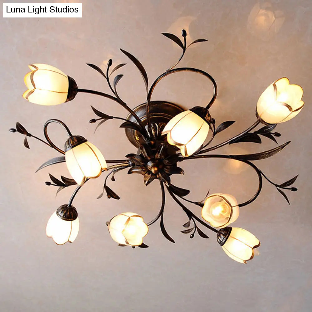 Landelijke Kroonluchter Glas & Messing 4-12 Lichtpunten Bloemranken Plafondlamp Romantische Verlichting | Sansoti