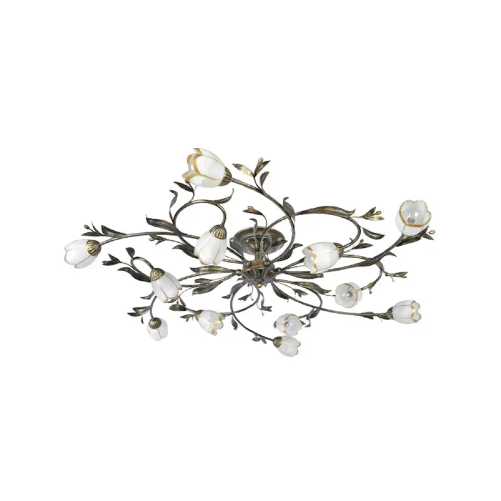 Landelijke Kroonluchter Glas & Messing 4-12 Lichtpunten Bloemranken Plafondlamp Romantische Verlichting | Sansoti