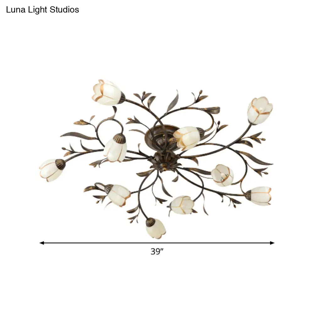 Landelijke Kroonluchter Glas & Messing 4-12 Lichtpunten Bloemranken Plafondlamp Romantische Verlichting | Sansoti