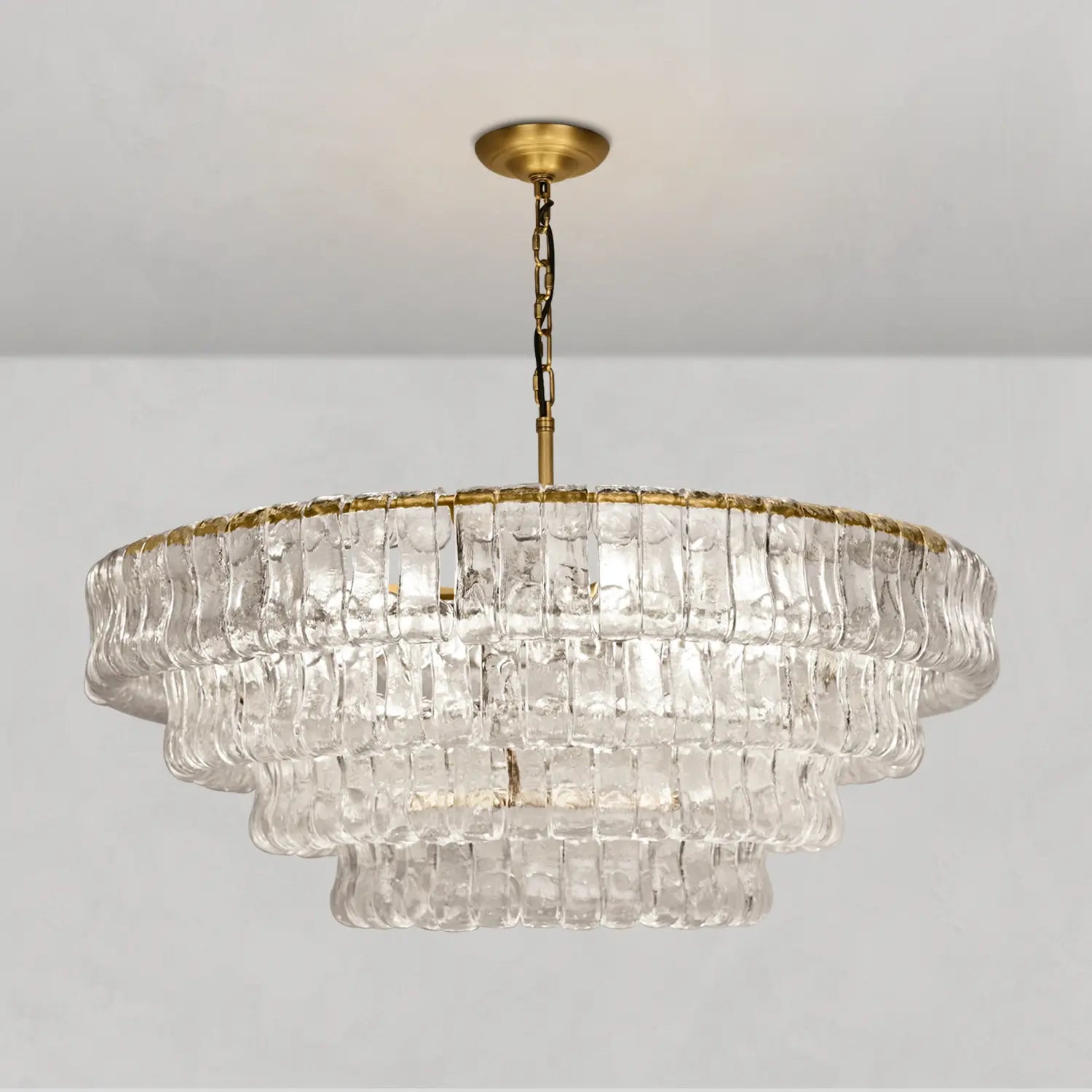 Lustre rond en verre texturé avec structure métallique multicouche À intensité variable et réglable 60-152cm pour salon | Sansoti