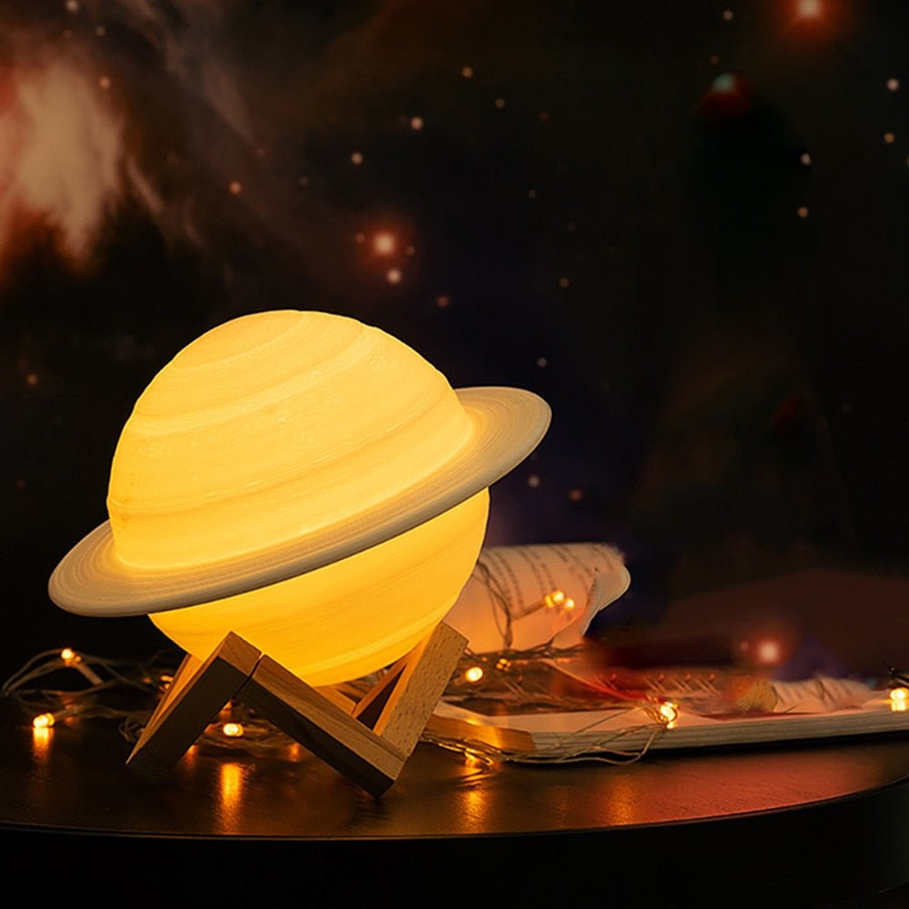 Zwevende Saturnus Lamp met Houten Standaard 3D Maan Effect Nachtlampje Kinderkamer Decoratie | Sansoti