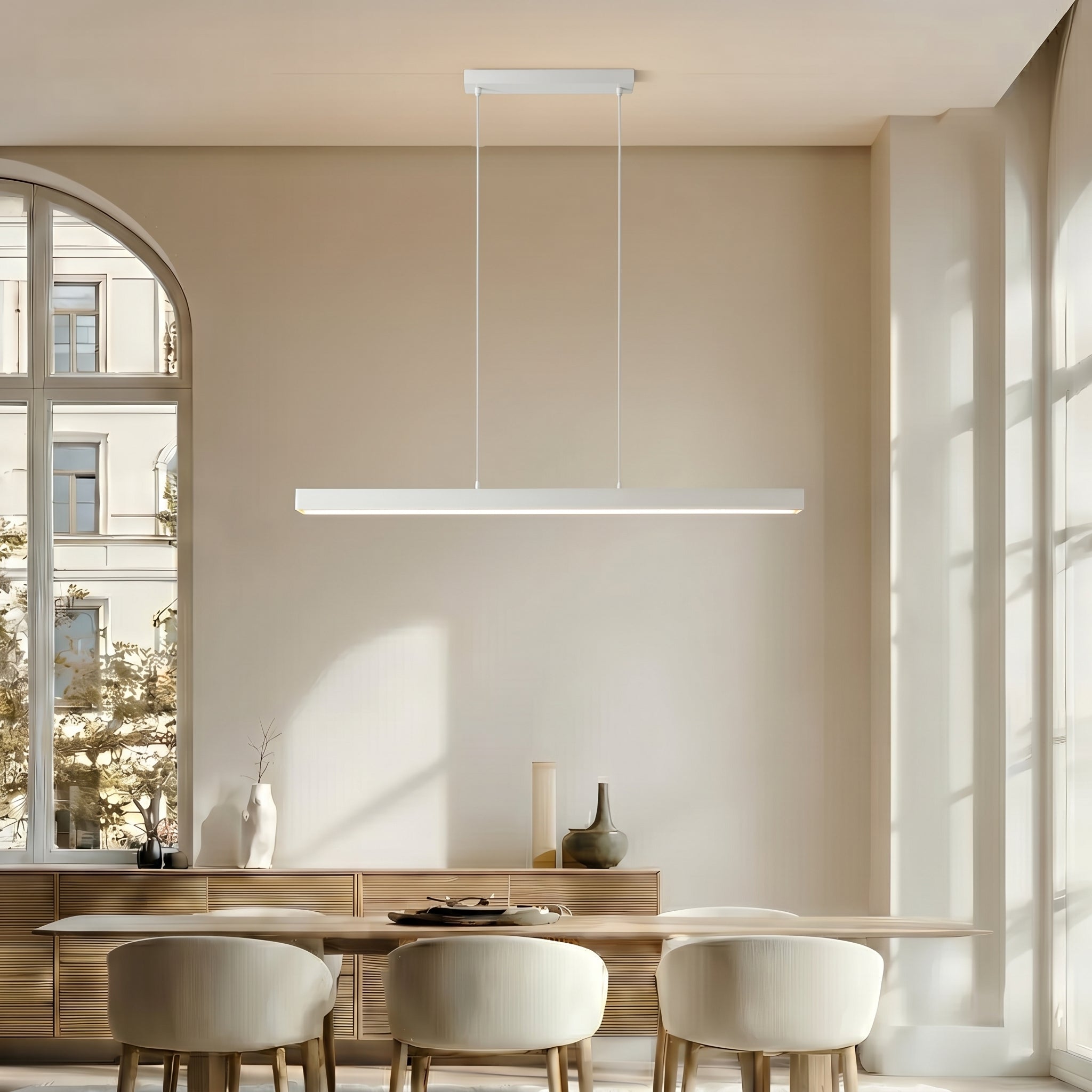 Drewniana lampa wisząca LED nad stół jadalny, czarno-biała, 80-120cm, architektoniczny design, ciepłe światło, domowe biuro, wnętrza | Sansoti