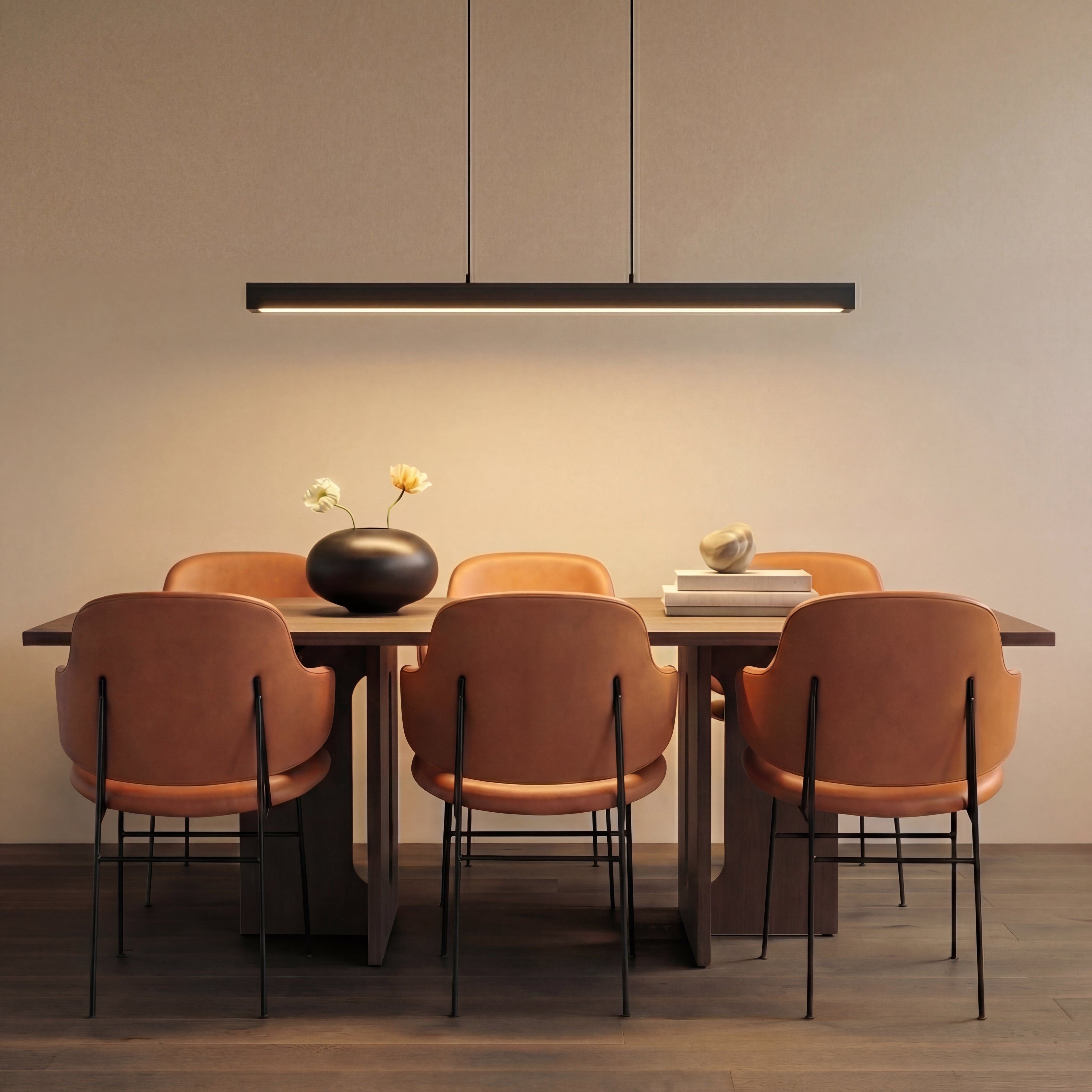 Drewniana lampa wisząca LED nad stół jadalny, czarno-biała, 80-120cm, architektoniczny design, ciepłe światło, domowe biuro, wnętrza | Sansoti