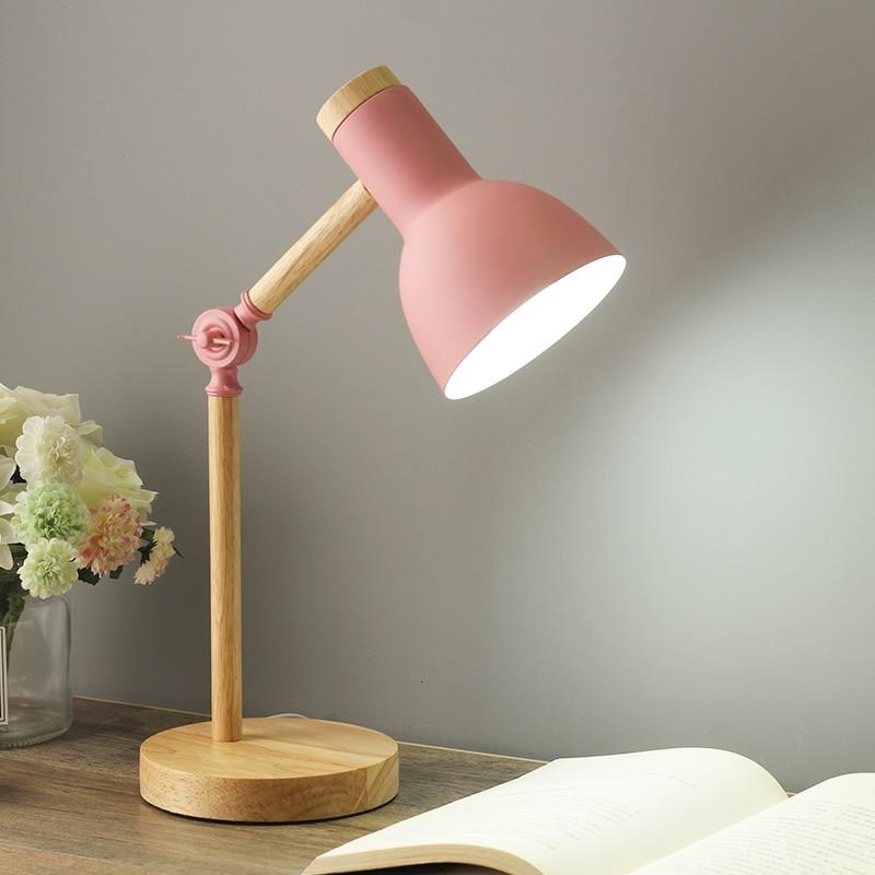 Verstelbare Houten Bureaulamp met Metalen Kap Scandinavisch Design Inklapbaar E27 Groen Zwart Wit Roze | Sansoti