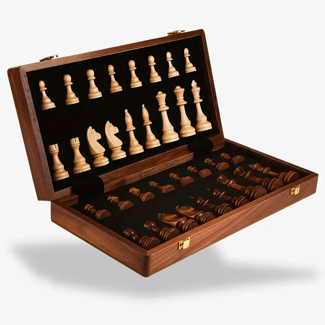 Schaakspel Massief Hout Opvouwbaar Bord Premium Handgemaakte Schaakstukken Klassiek Strategisch Bordspel | Sansoti