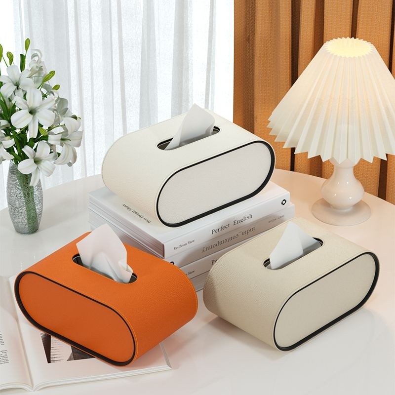 Tissuebox Leer Ovaal 22cm Oranje Bureau Woonkamer Tissuehouder Luxe Tissuedoos Decoratief Modern Interieur | Sansoti