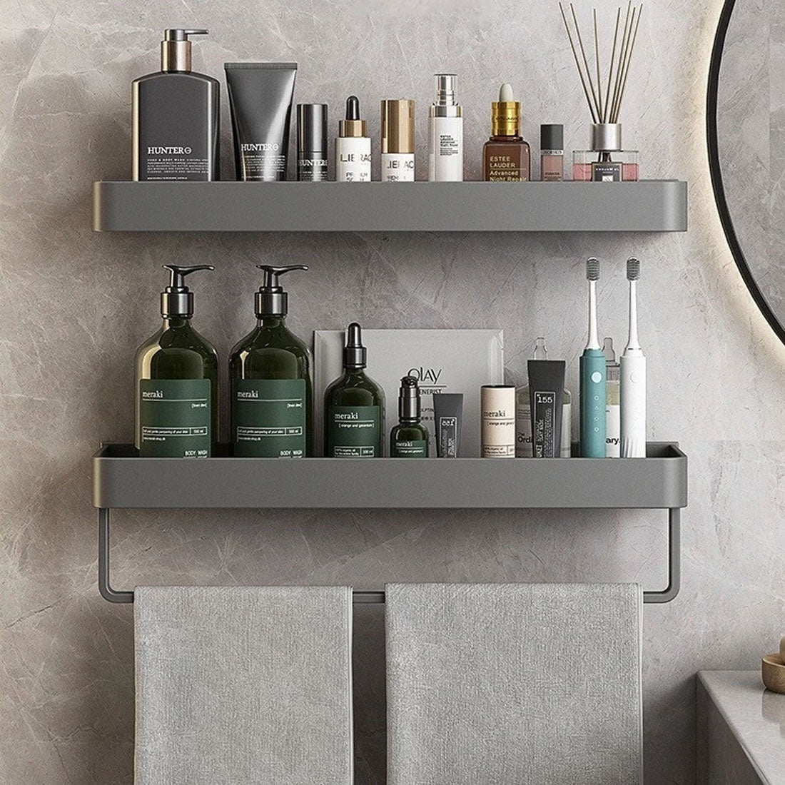 Badkamer plank aluminium zelfklevend 30cm grijs zwevend rek douche wandplank met handdoekhouder organizer badkamer | Sansoti