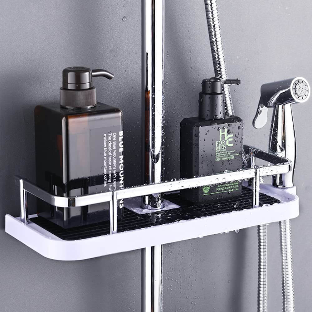 Organisateur de douche réglable pour barre de douche sans perçage avec crochets et évacuation rapide de l’eau | Restfield