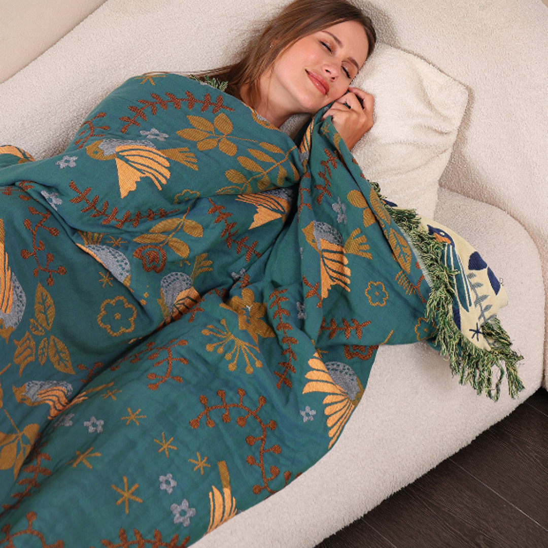 Wendbare Katoenen Plaid met Vogels en Bloemen – Botanisch Scandinavisch Design voor Bank en Bed | Sansoti