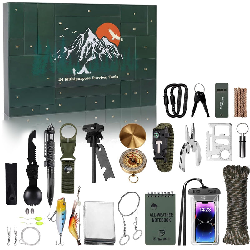 Outdoor Survival Adventskalender 24 Dagen – Compleet Overlevingsset met Gadgets en Gereedschap voor Avonturiers | Sansoti
