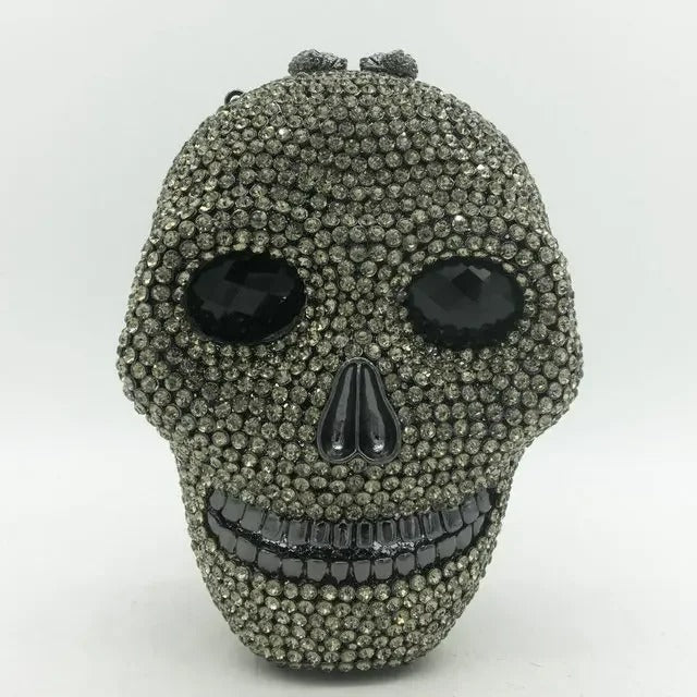 Skull bag with crystals, women's clutch, black faux leather, detachable chain, party bag, evening bag, shoulder bag | Sansoti