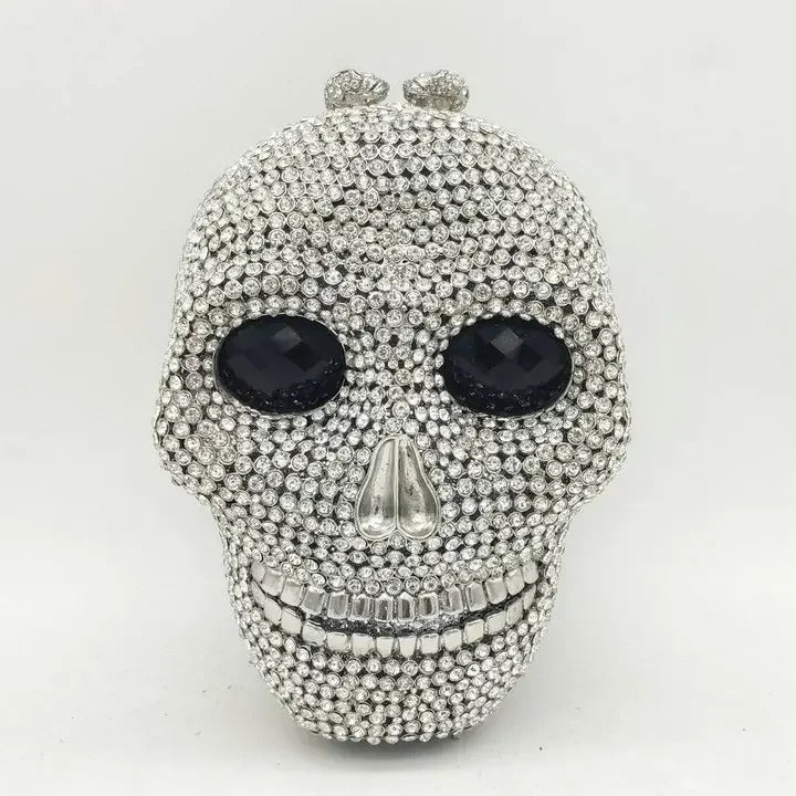 Skull bag with crystals, women's clutch, black faux leather, detachable chain, party bag, evening bag, shoulder bag | Sansoti
