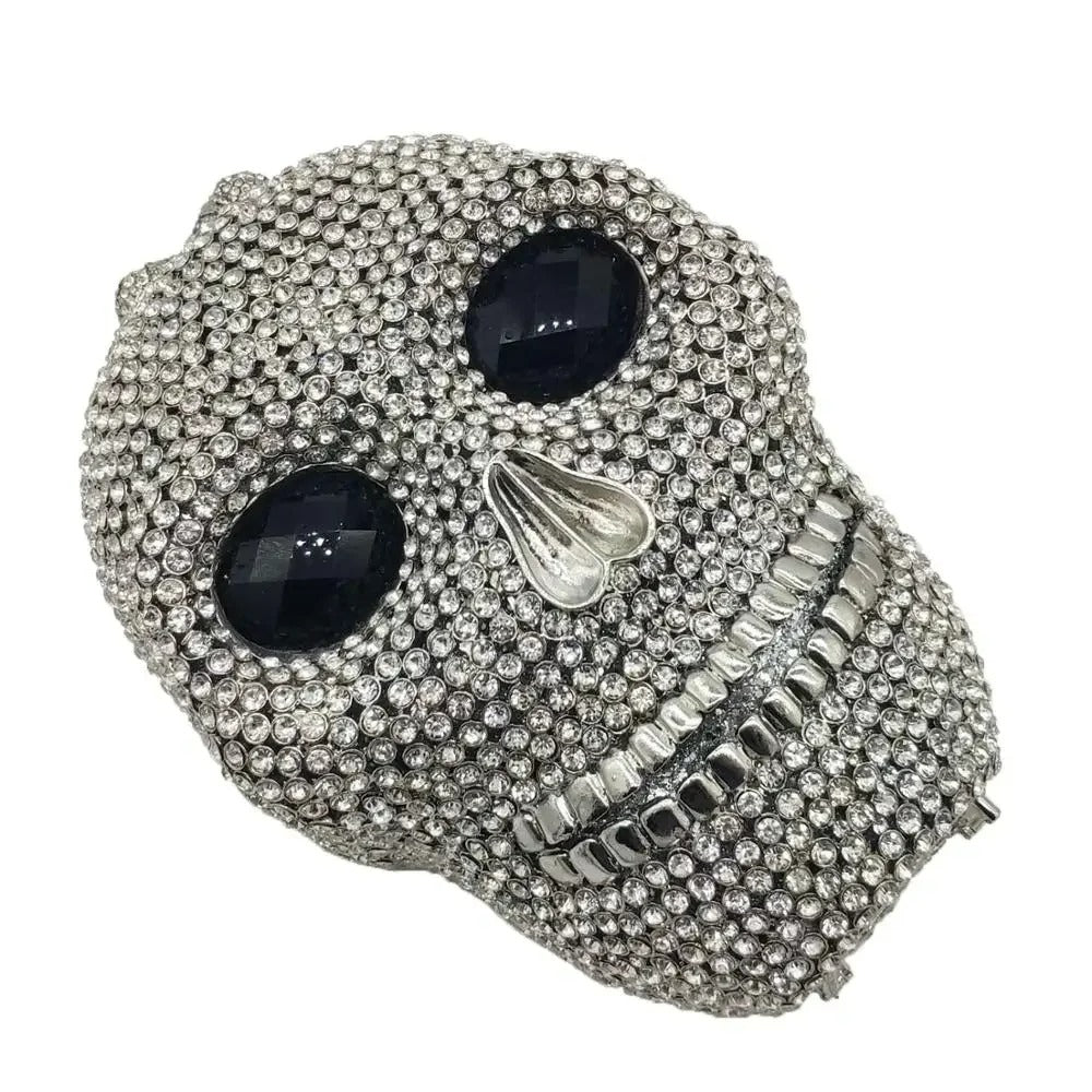 Skull bag with crystals, women's clutch, black faux leather, detachable chain, party bag, evening bag, shoulder bag | Sansoti