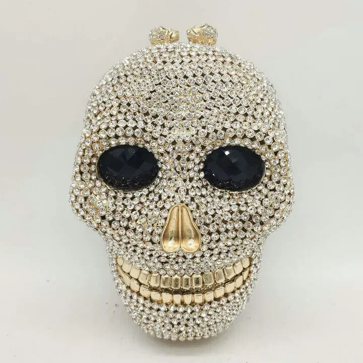 Skull bag with crystals, women's clutch, black faux leather, detachable chain, party bag, evening bag, shoulder bag | Sansoti