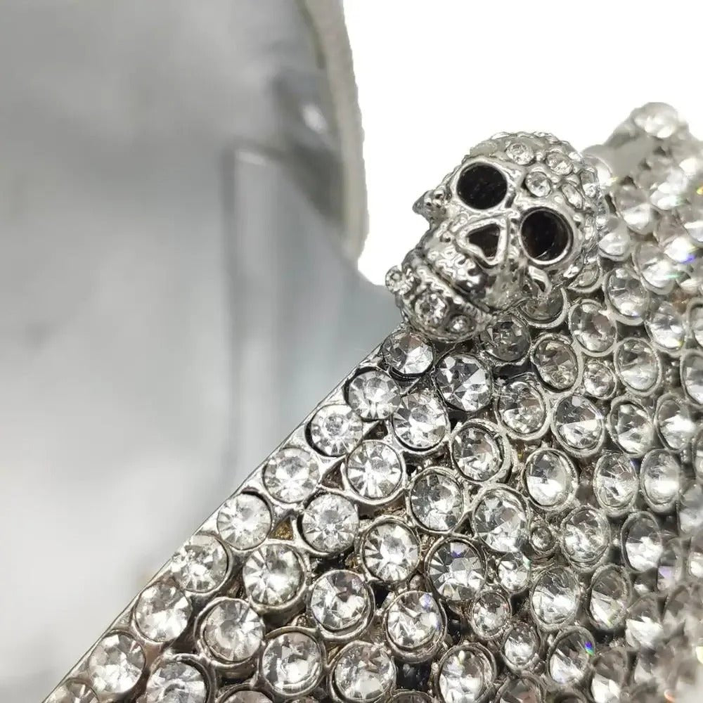 Skull bag with crystals, women's clutch, black faux leather, detachable chain, party bag, evening bag, shoulder bag | Sansoti