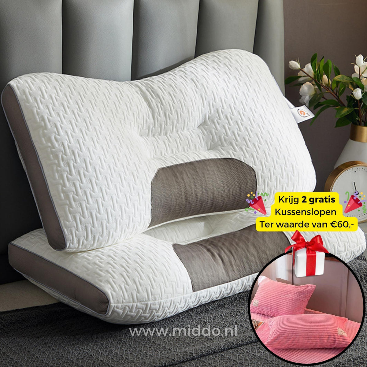 Ergonomisch Neksteunkussen Memory Foam voor Rug- en Zijslapers 48x74cm met Kussenslopen Optimale Neksteun | Sansoti