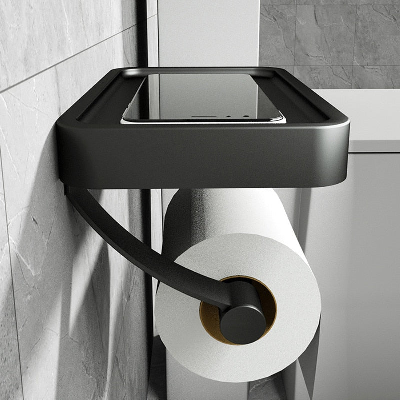 Toiletrolhouder met Plankje RVS Wandmontage Zonder Boren Modern Badkameraccessoire Zwart Wit Grijs Smartphone | Sansoti