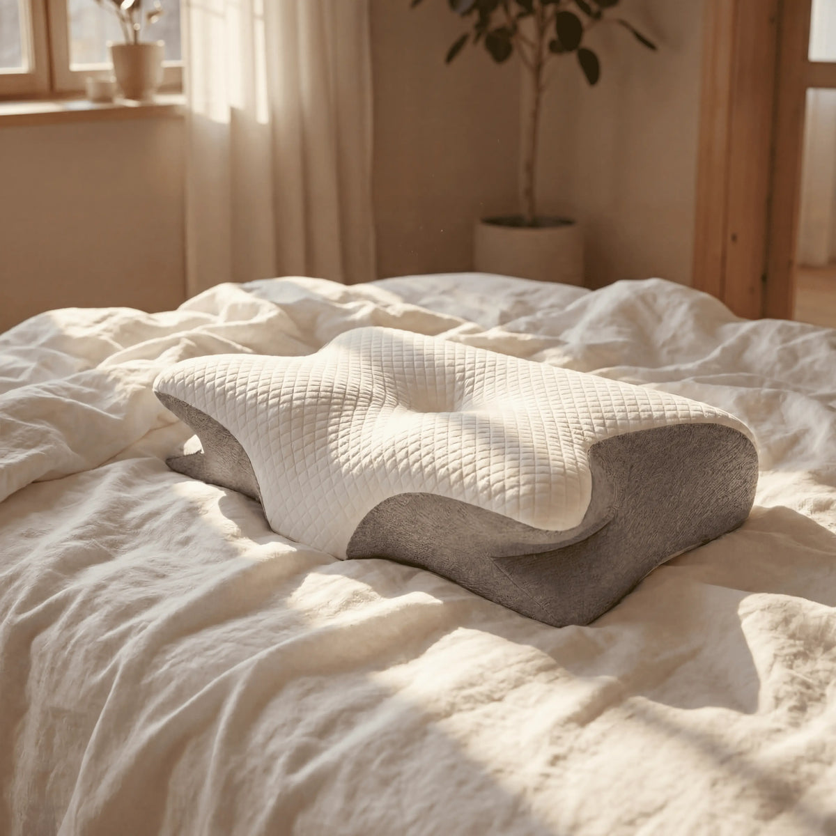 Ergonomisch Nekkussen Memory Foam voor Rug- Zij- en Buikslapers Drukverlagend Ademend met Katoenen Hoes | Sansoti