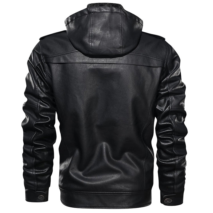 Herrenjacke aus PU-Leder mit abnehmbarer Kapuze, wasserabweisend, kratzfest, robust, Outdoor-Winterjacke für den Herbst | Sansoti