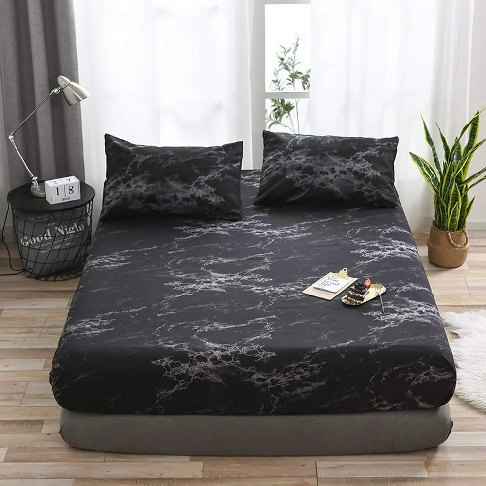 Microfiber Fitted Sheet Set with Marble Print Breathable Fabric Daily Comfort Deep Fit Wrinkle-Free | Sansoti
