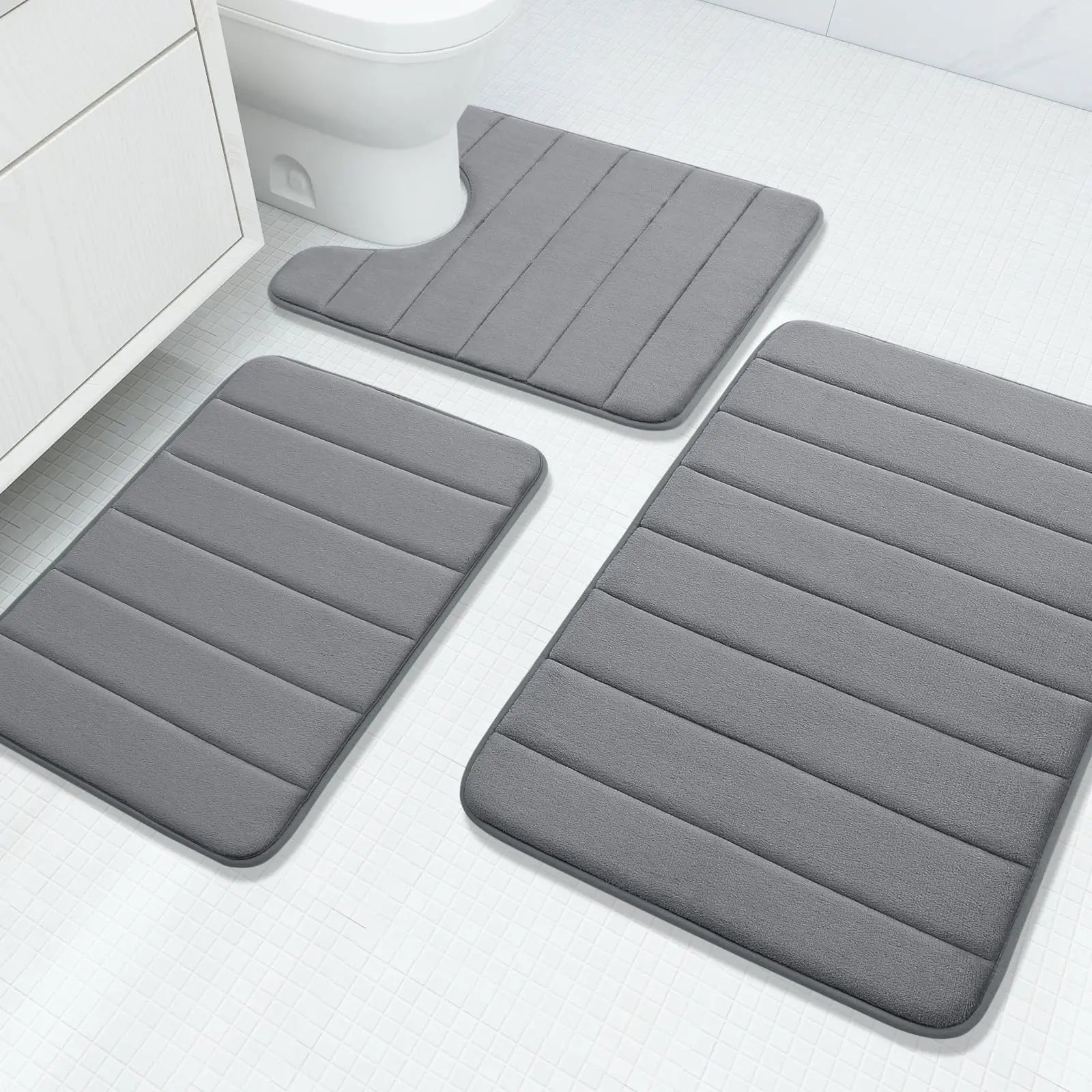 Fluwelen Memory Foam Badmatten Set van 3 Stuks – Waterabsorberend Antislip Badkamertapijt met Zachte Badmat voor Toilet en Douche | Sansoti