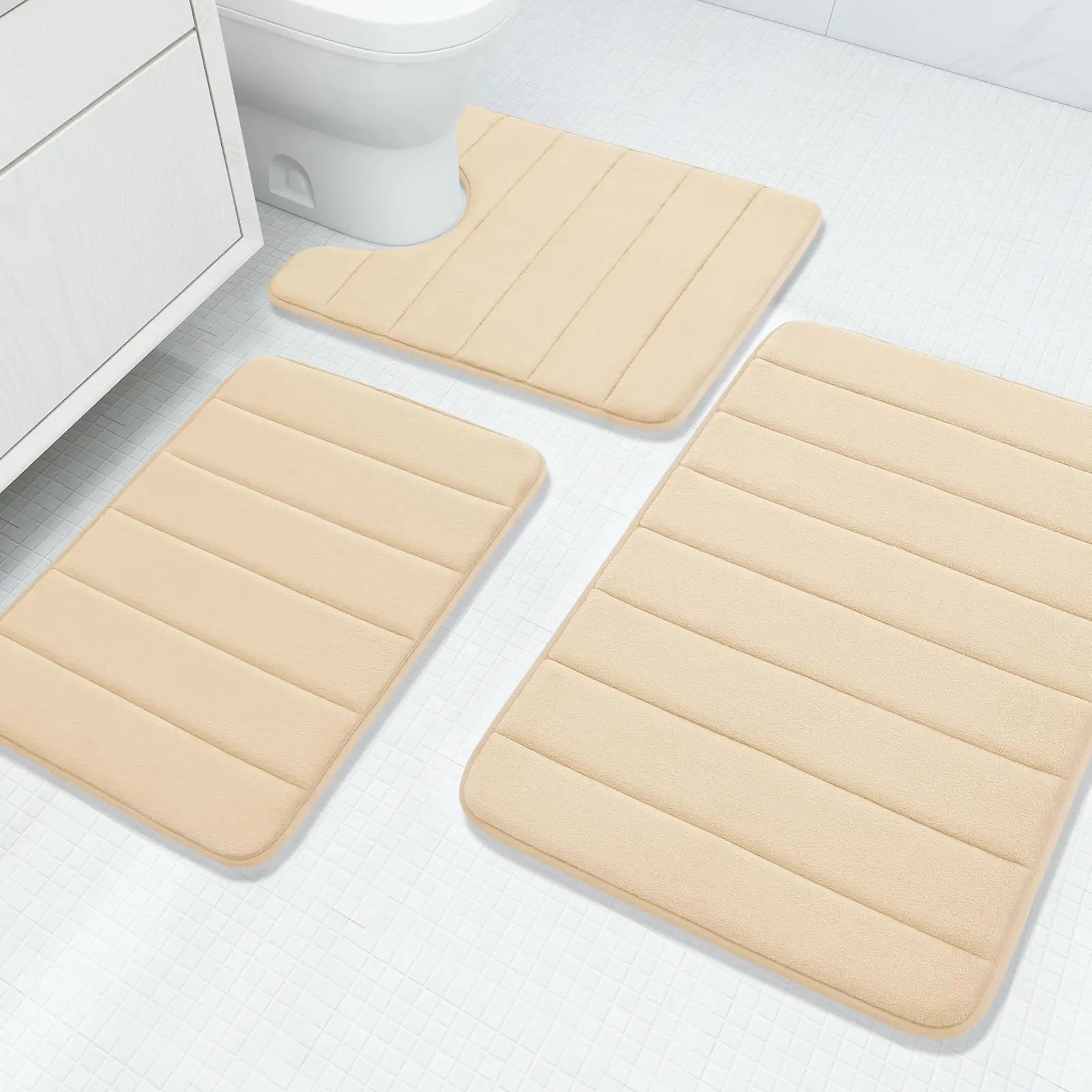 Fluwelen Memory Foam Badmatten Set van 3 Stuks – Waterabsorberend Antislip Badkamertapijt met Zachte Badmat voor Toilet en Douche | Sansoti