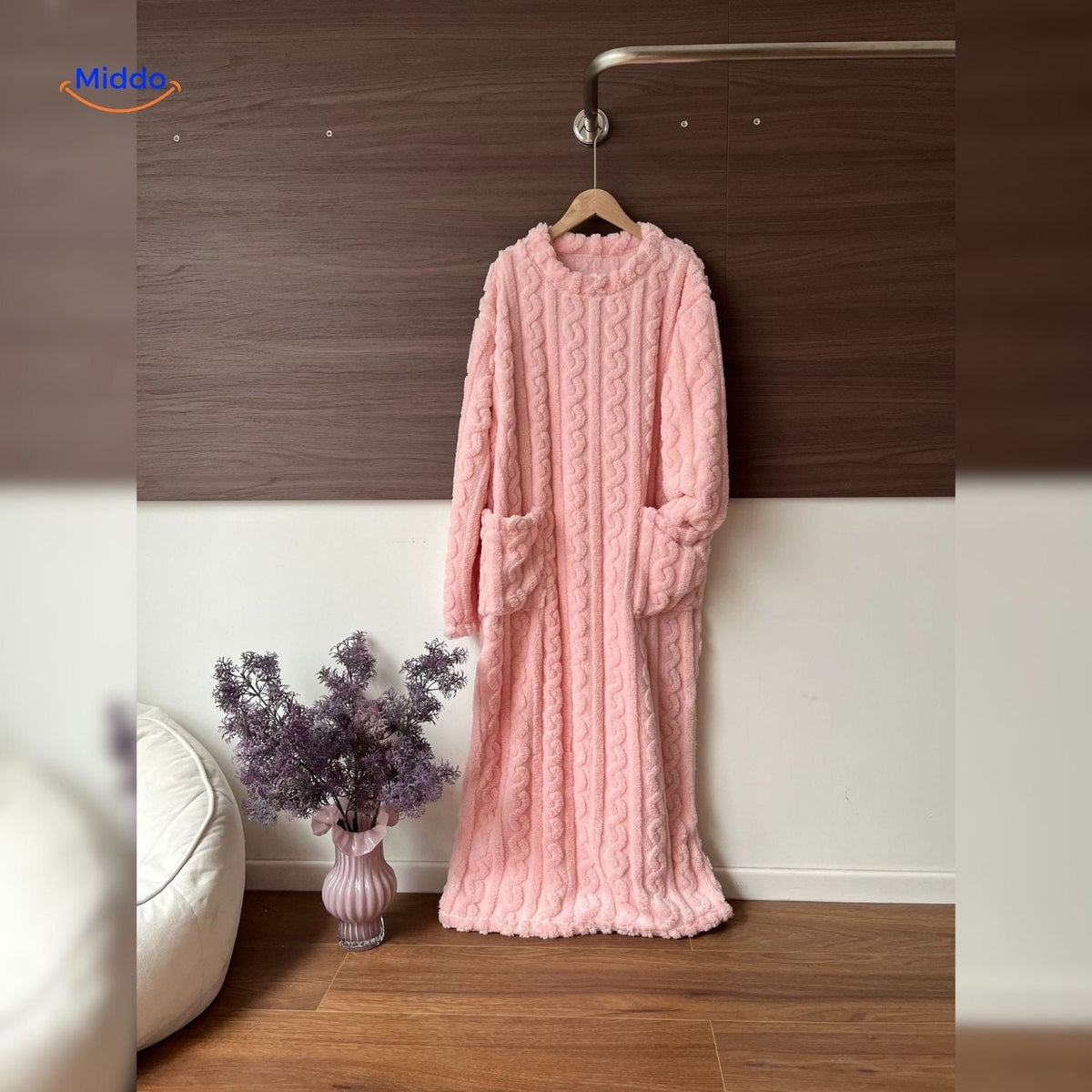 Fleece-Loungewear-Deckenmantel mit langen Ärmeln, Vordertaschen und weichem Polyester, bequeme Winter-Hauskleidung | Sansoti