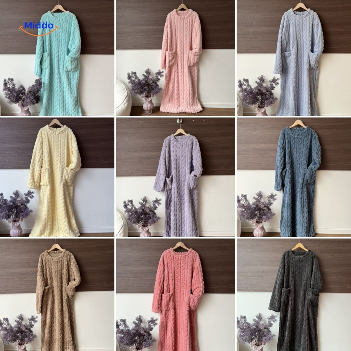 Fleece-Loungewear-Deckenmantel mit langen Ärmeln, Vordertaschen und weichem Polyester, bequeme Winter-Hauskleidung | Sansoti