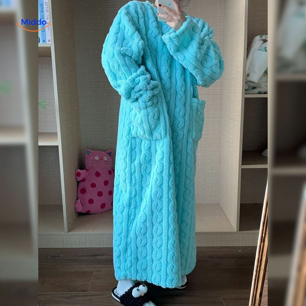 Fleece-Loungewear-Deckenmantel mit langen Ärmeln, Vordertaschen und weichem Polyester, bequeme Winter-Hauskleidung | Sansoti