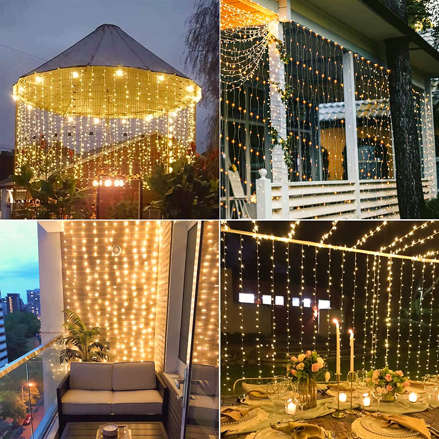 Zonne-energie Lichtgordijn voor Buiten 300 LED Warm Wit Waterbestendige Sfeerverlichting Tuin Terras | Sansoti