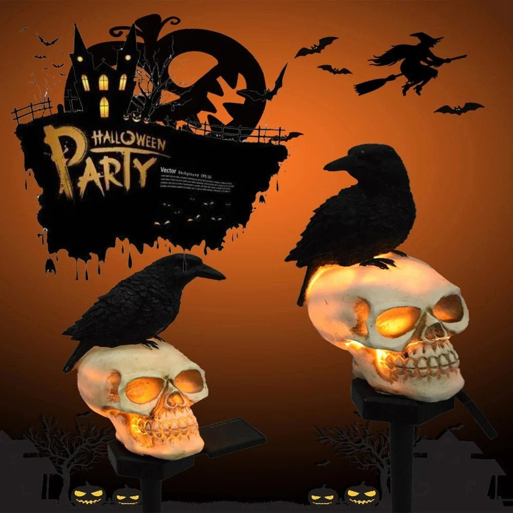 Solar-Powered Halloween Skull with Raven LED Light for Garden, Balcony, and Holiday Decorative Lighting | Sansoti