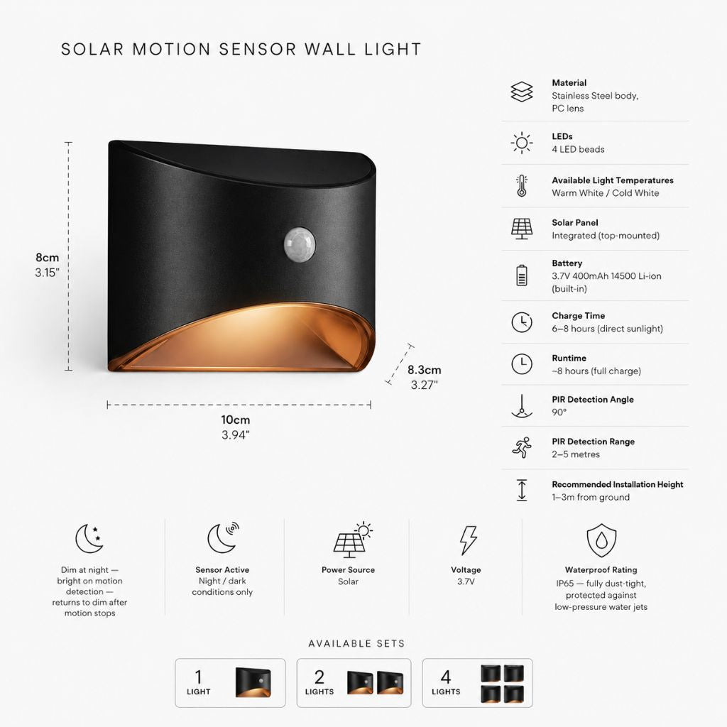 Solarbetriebene Außenlampe mit Bewegungssensor, IP65, wasserdichte LED-Beleuchtung für Garten, Wand, Weg und Einfahrt | Sansoti