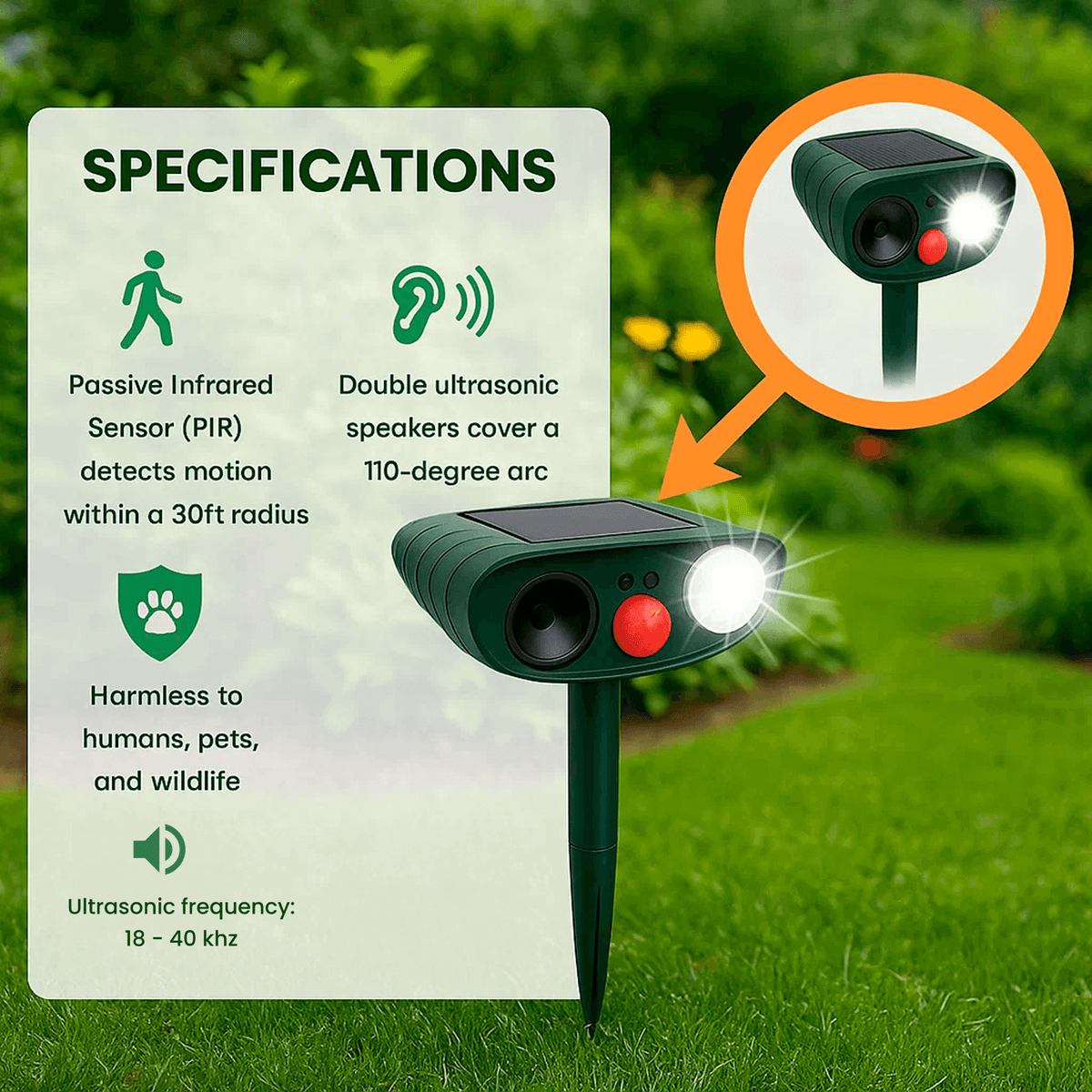 Solar-Powered Ultrasonic Garden Repellent with Motion Sensor for Animal Deterrence Outdoor Protection up to 225m² | Sansoti