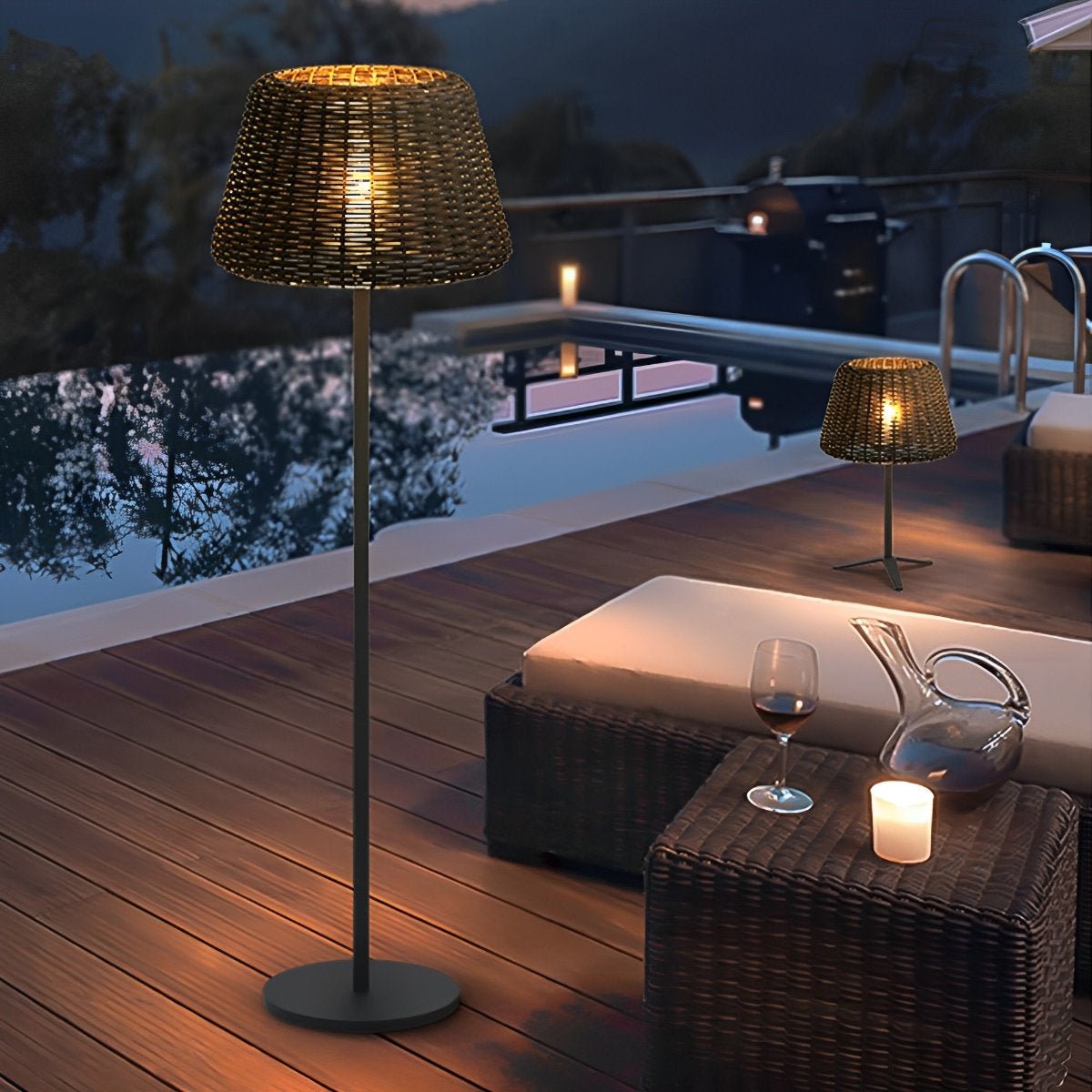 Stehende Außenlampe Geflecht Aluminium Weiß Schwarz Solarenergie IP65 Garten Terrasse Stehlampe Rattan Look Stimmungsbeleuchtung Außen | Restfield
