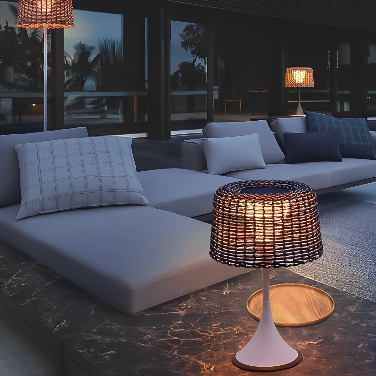 Stehende Außenlampe Geflecht Aluminium Weiß Schwarz Solarenergie IP65 Garten Terrasse Stehlampe Rattan Look Stimmungsbeleuchtung Außen | Restfield