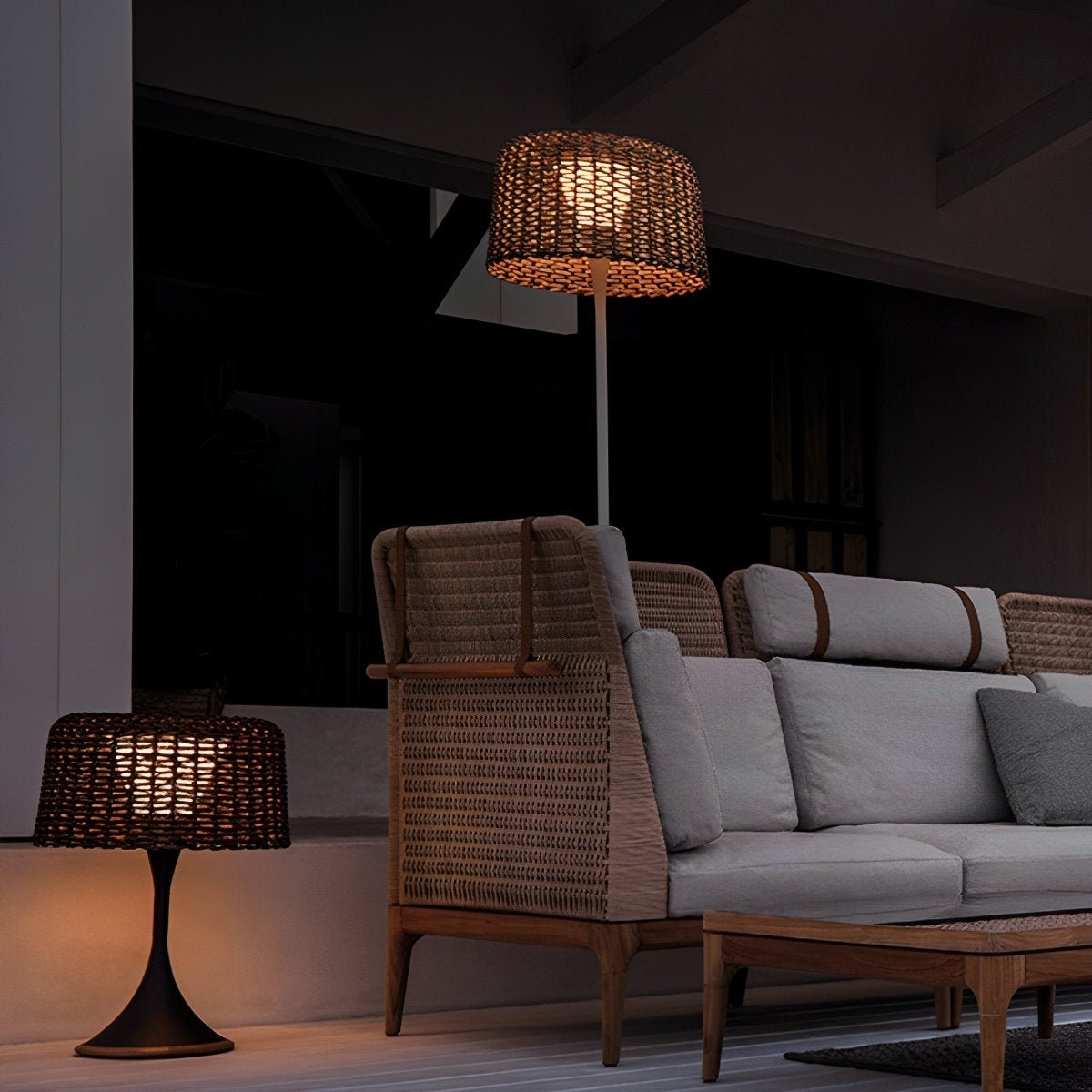 Stehende Außenlampe Geflecht Aluminium Weiß Schwarz Solarenergie IP65 Garten Terrasse Stehlampe Rattan Look Stimmungsbeleuchtung Außen | Restfield