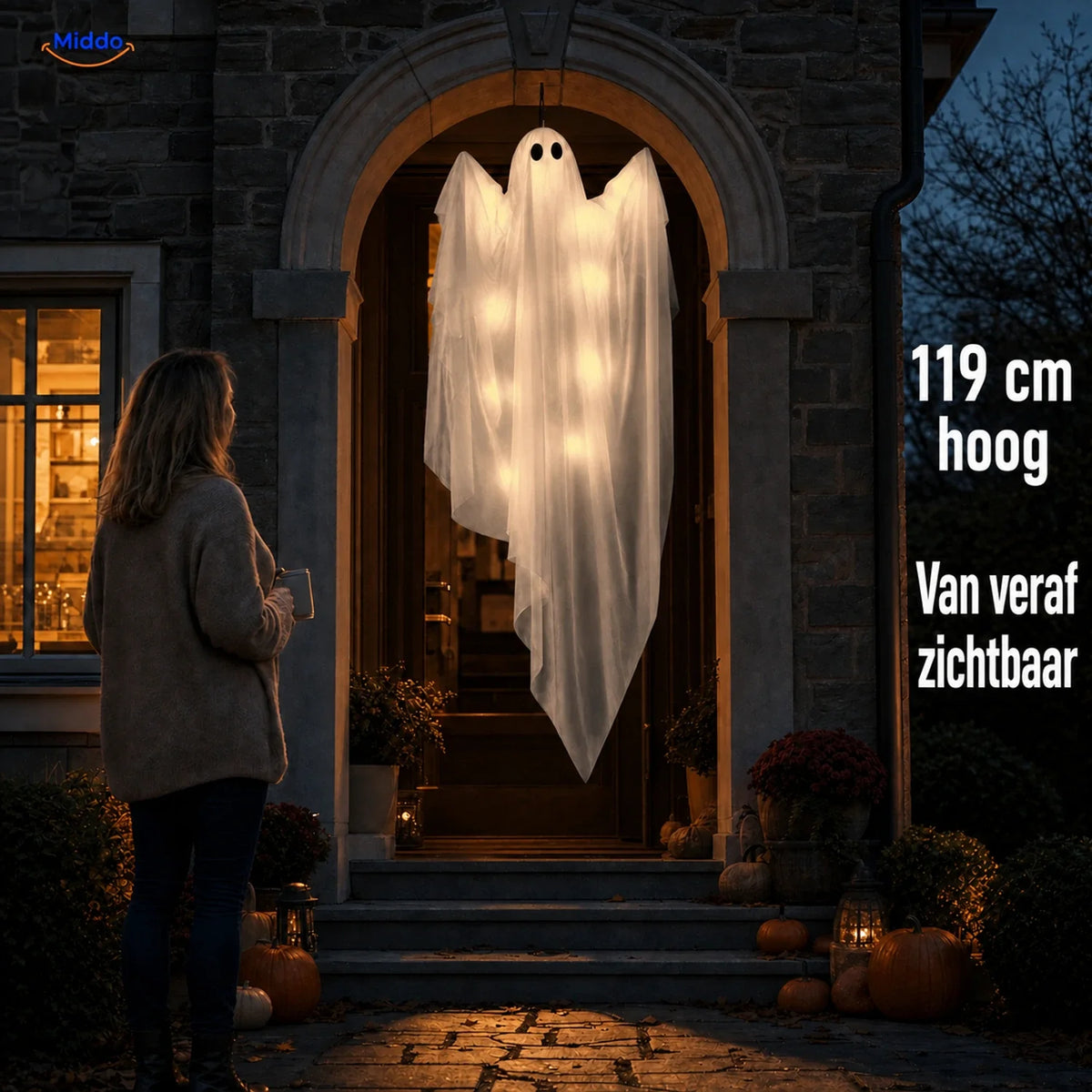 Hanging Halloween Ghost 119cm Drapery with LED Lighting Purple Warm White Spooky Ghost-Shaped Decoration | Sansoti