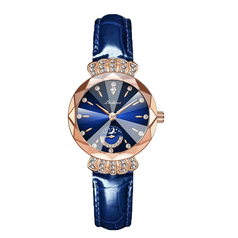 Maanfase Dameshorloge met Glanzende Steenaccenten Metalen Schakelband 30mm | Sansoti