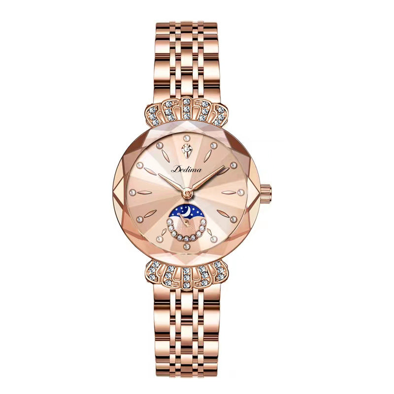 Maanfase Dameshorloge met Glanzende Steenaccenten Metalen Schakelband 30mm | Sansoti