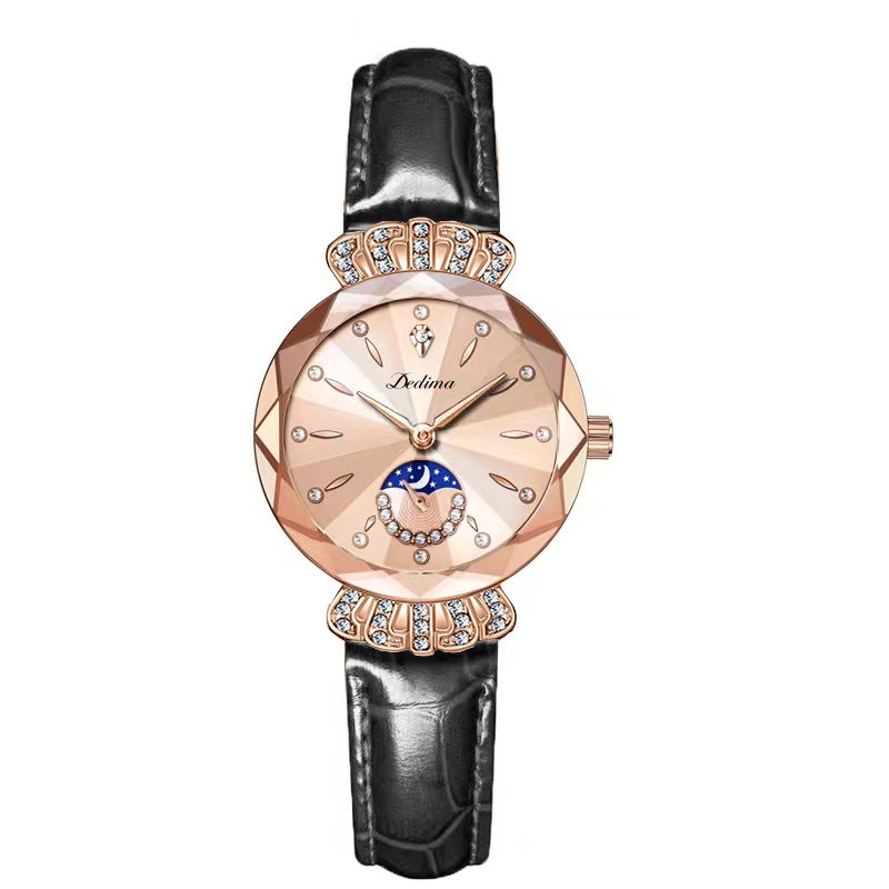 Maanfase Dameshorloge met Glanzende Steenaccenten Metalen Schakelband 30mm | Sansoti