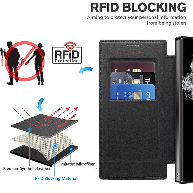 Magnetische Telefoonhoes Samsung met Ringhouder Leer-Look Zwart Blauw Groen Bruin | Kaartvakjes RFID Bescherming | Standaard Flip Case | Draadloos Laden | Sansoti