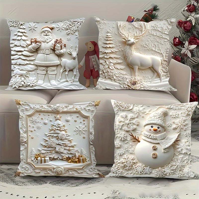 Feestelijke Kussenhoezen Set van 4 – Kerstmotieven met Gestructureerd Design voor Woonkamer & Slaapkamer | Zachte Polyester Sierkussens 45×45 cm voor Winter en Kerst | Sansoti