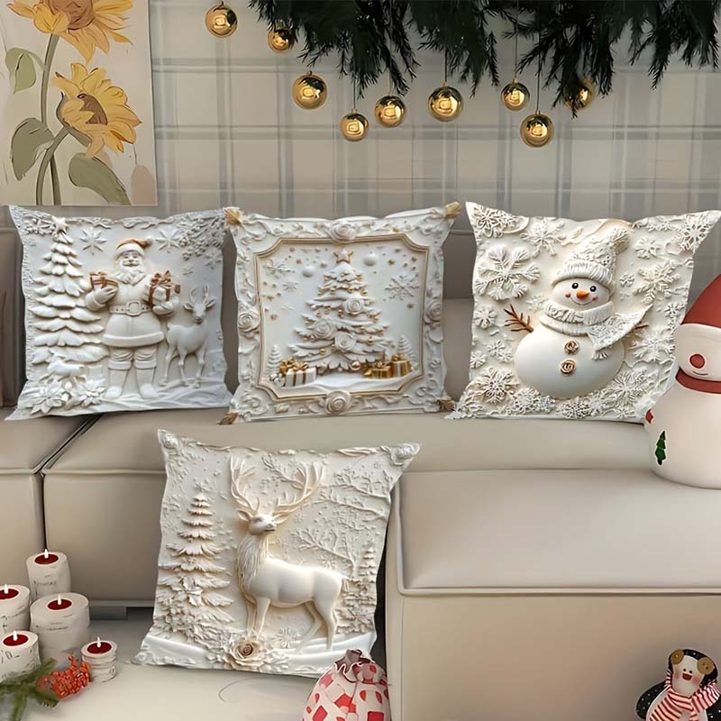 Feestelijke Kussenhoezen Set van 4 – Kerstmotieven met Gestructureerd Design voor Woonkamer & Slaapkamer | Zachte Polyester Sierkussens 45×45 cm voor Winter en Kerst | Sansoti